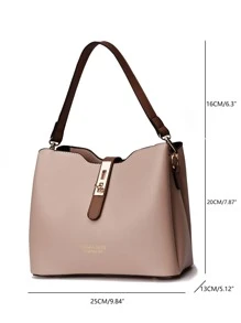 Bolso tipo cubo con decoración de hebilla multicapa de moda para mujer, 1 pieza de bolso de hombro de piel sintética de colores contrastantes con múltiples bolsillos, adecuado para chicas, mujeres, recién llegados al mundo laboral y trabajadores de oficina, perfecto para el trabajo, los negocios, el ir y venir, ideas de regalos perfectas para el Día de la Madre, regalos del Día de la Madre, regalos para mamá, artículos esenciales de mamá, bolso de mamá para salir - Caqui - Ver 9