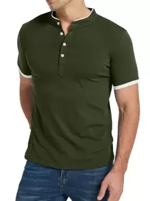 Camisa tipo polo para hombres con botones hasta la mitad y ribete de contraste - Verde militar - Ver 1