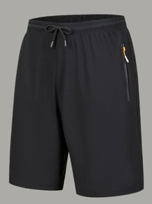 Boyfriend Style Men Drawstring Waist Zipper Detail Sports Shorts - Black - View 1