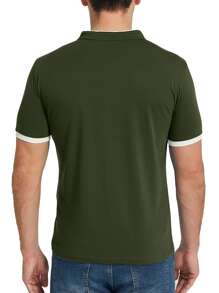Camisa tipo polo para hombres con botones hasta la mitad y ribete de contraste - Verde militar - Ver 2