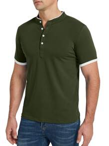 Camisa tipo polo para hombres con botones hasta la mitad y ribete de contraste - Verde militar - Ver 3