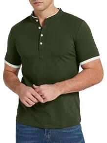 Camisa tipo polo para hombres con botones hasta la mitad y ribete de contraste - Verde militar - Ver 4
