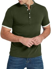 Camisa tipo polo para hombres con botones hasta la mitad y ribete de contraste - Verde militar - Ver 5