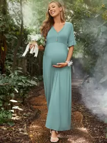 DEARCASE Maternity Flounce Sleeve Button Front Dress - Cadet Blue - View 1