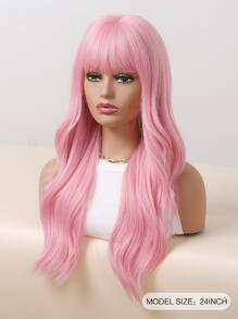 Peluca rosa larga y rizada con flequillo, pelucas sintéticas resistentes al calor para mujer, pelucas de Halloween para Cosplay de fiesta diaria - Rosa Pálido - Ver 2