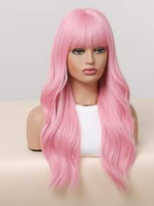 Peluca rosa larga y rizada con flequillo, pelucas sintéticas resistentes al calor para mujer, pelucas de Halloween para Cosplay de fiesta diaria - Rosa Pálido - Ver 4