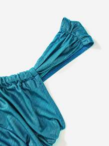 SHEIN LUNE Top moda de dopamina de un hombro con abertura corto de color metálico - Azul - Ver 3