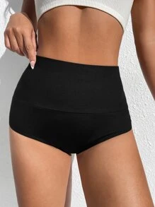 SHEIN PETITE High Waist Solid Biker Black Shorts - Black - View 1