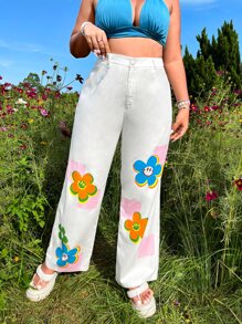 SHEIN Unity 大碼多巴胺穿衣法高腰印花闊腿褲 - 白色 - 查看 4