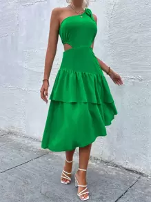 Knot One Shoulder Cut Out Ruffle Trim Dress - Green - View 1