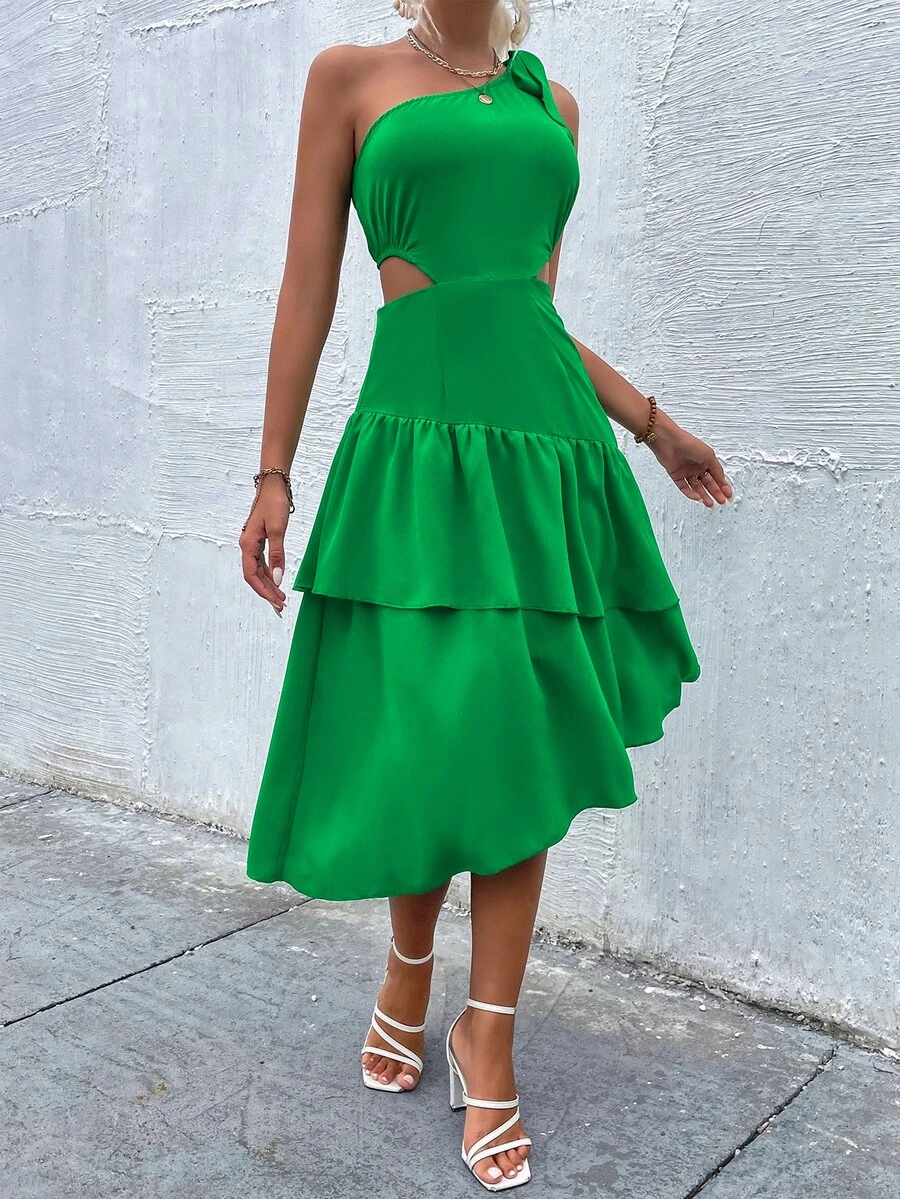 Knot One Shoulder Cut Out Ruffle Trim Dress - Green - View 1
