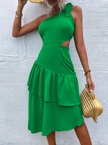 Knot One Shoulder Cut Out Ruffle Trim Dress - Green - View 5