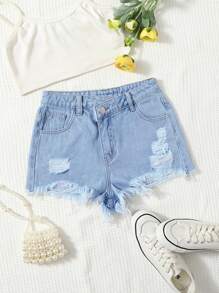 SHEIN 青少年女孩破洞磨損邊牛仔短褲