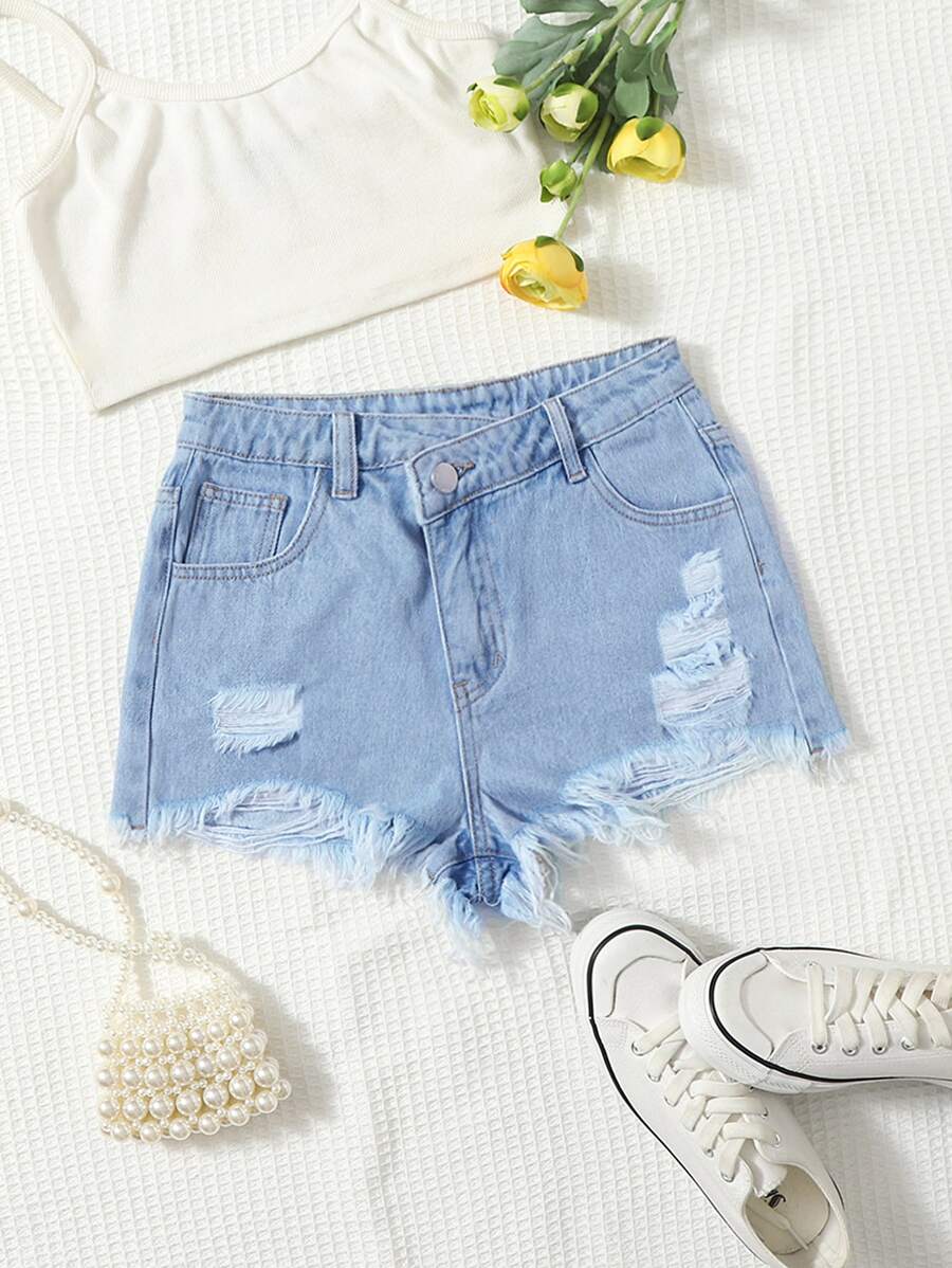 SHEIN 青少年女孩破洞磨損邊牛仔短褲