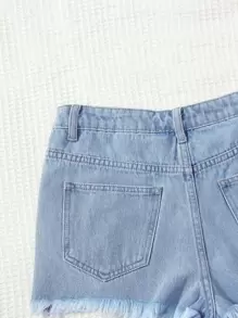SHEIN 青少年女孩破洞磨損邊牛仔短褲