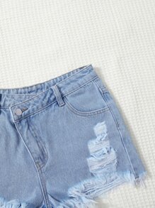 SHEIN 青少年女孩破洞磨損邊牛仔短褲