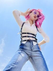 Layered Square Buckle Harness Belt - Black - View 4