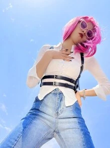 1pc Women's Double-Layered Leather Belt Decorated Punk Style Suspenders Dress Accessory, Everyday Wear Harness Halloween - Black - View 4