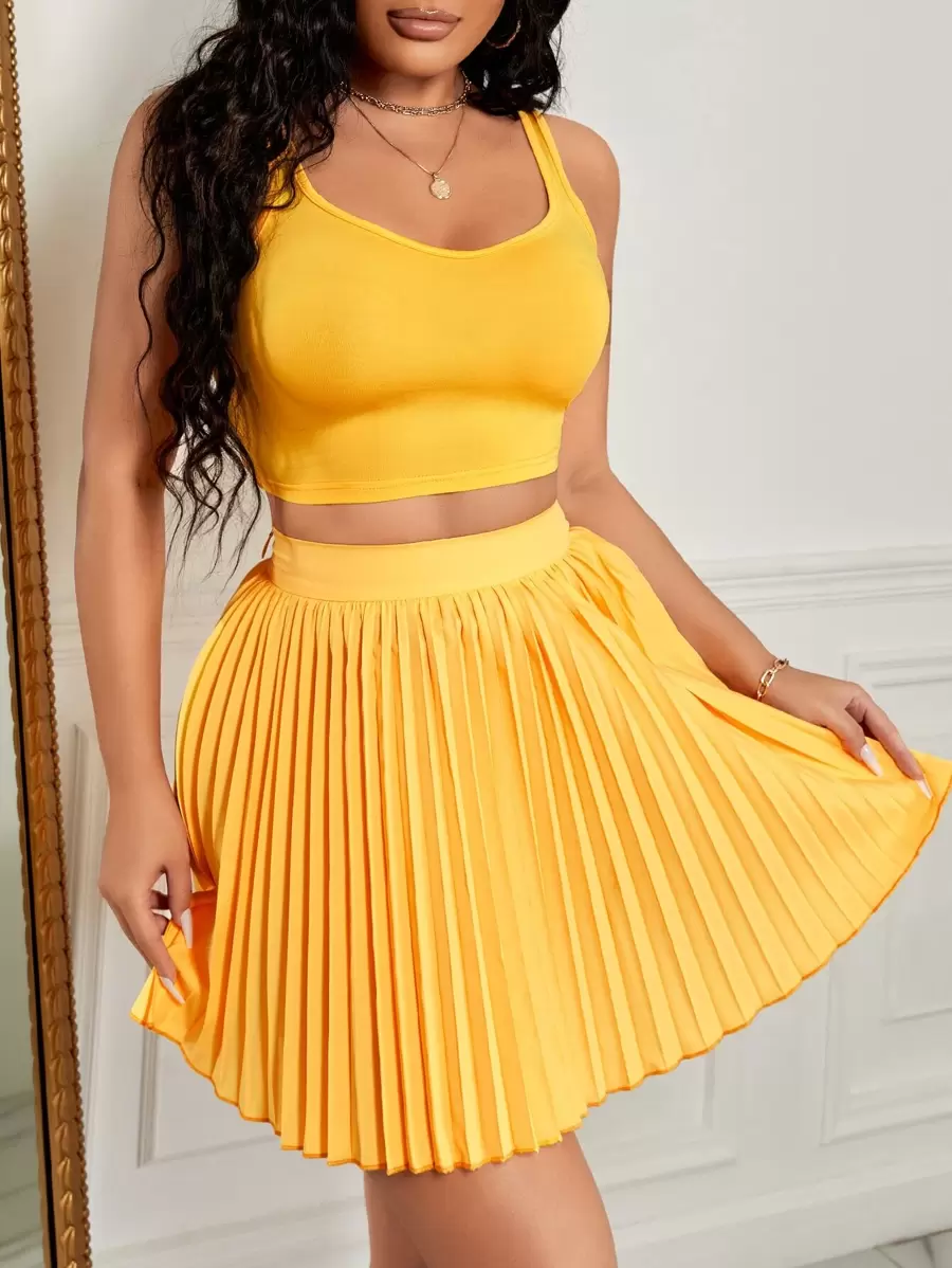 SHEIN SXY Bộ đồ hai mảnh nữ Xếp li màu trơn Giải trí - Màu vàng - Xem 1