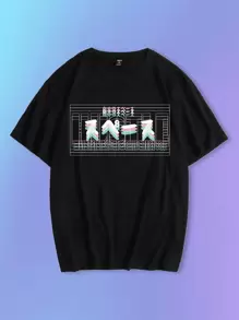 ROMWE MEN Anime Guys Letter Graphic Oversized Tee