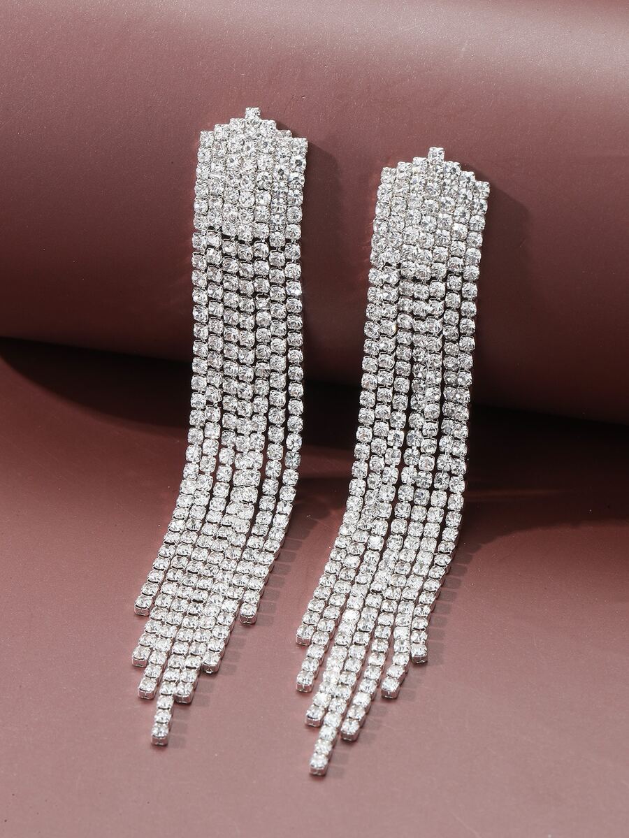 Bông tai thả tua rhinestone - Bạc - Xem 1