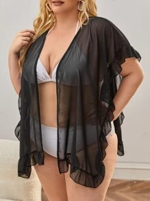 Kimono con mangas de murciélago, volantes y talle grande, ideal para verano y vacaciones en la playa - Negro - Ver 5