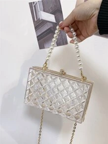 Pearl Handle Acrylic Mini Box Bag, Transparent Rhombus Clasp Pouch, Fashion Women's Evening Clutch Party Box Bag - Clear - View 3