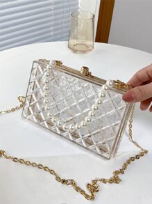 Pearl Handle Acrylic Mini Box Bag, Transparent Rhombus Clasp Pouch, Fashion Women's Evening Clutch Party Box Bag - Clear - View 5