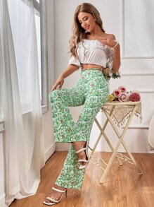 SHEIN Unity Ditsy Floral Tie Back Flare Leg Pants - Green - View 3