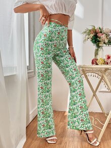 SHEIN Unity Ditsy Floral Tie Back Flare Leg Pants - Green - View 4