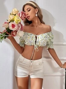 SHEIN WYWH Áo nữ Thắt nơ trước Họa tiết hoa Boho - Nhiều màu - Xem 1