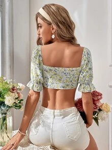 SHEIN WYWH Áo nữ Thắt nơ trước Họa tiết hoa Boho - Nhiều màu - Xem 2