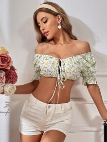 SHEIN WYWH Áo nữ Thắt nơ trước Họa tiết hoa Boho - Nhiều màu - Xem 3