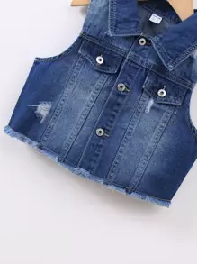 Niñas Cazadora mezclilla chaleco desgarro ribete sin dobladillo - Azul lavado oscuro - Ver 3