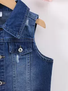 Niñas Cazadora mezclilla chaleco desgarro ribete sin dobladillo - Azul lavado oscuro - Ver 4