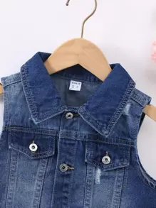 Niñas Cazadora mezclilla chaleco desgarro ribete sin dobladillo - Azul lavado oscuro - Ver 5