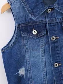 Niñas Cazadora mezclilla chaleco desgarro ribete sin dobladillo - Azul lavado oscuro - Ver 6