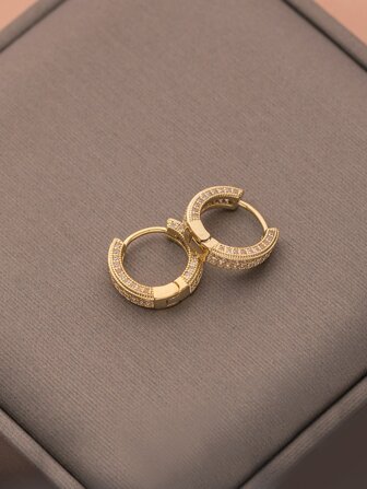 1 Pair Luxury Geometric Round Copper Zirconia Hoop Earrings, Fashionable Gift For Women, Birthday, Date