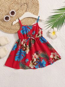 SHEIN Bebé Vestido de tirantes con estampado tropical con lazo delantero - Rojo - Ver 1