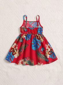SHEIN Bebé Vestido de tirantes con estampado tropical con lazo delantero - Rojo - Ver 2