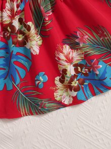 SHEIN Bebé Vestido de tirantes con estampado tropical con lazo delantero - Rojo - Ver 3