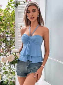 Breezaya Ruched Layered Hem Backless Halter Top - Dusty Blue - View 3