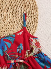 SHEIN Bebé Vestido de tirantes con estampado tropical con lazo delantero - Rojo - Ver 4