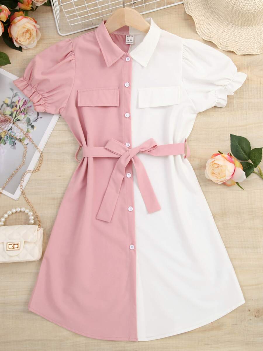 SHEIN Đầm Gái Thắt lưng Túi Xù Nút phía trước Khối Màu Giải trí - Nhiều màu - Xem 1