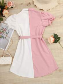 SHEIN Đầm Gái Thắt lưng Túi Xù Nút phía trước Khối Màu Giải trí - Nhiều màu - Xem 2