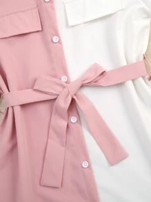 SHEIN Đầm Gái Thắt lưng Túi Xù Nút phía trước Khối Màu Giải trí - Nhiều màu - Xem 3