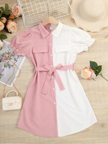 SHEIN Đầm Gái Thắt lưng Túi Xù Nút phía trước Khối Màu Giải trí - Nhiều màu - Xem 5