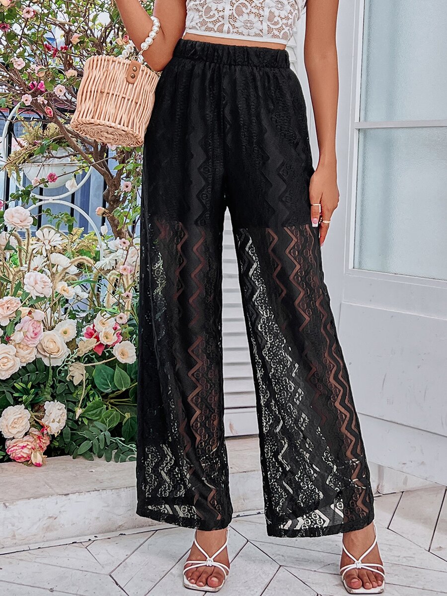 High Waist Lace Wide Leg Trousers - Black - View 1