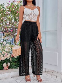 High Waist Lace Wide Leg Trousers - Black - View 3