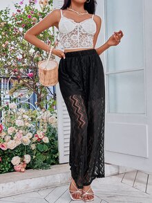High Waist Lace Wide Leg Trousers - Black - View 4